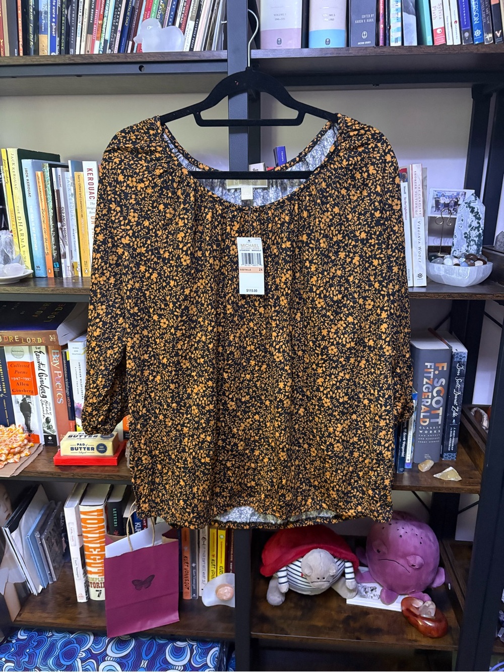 Michael Kors Black and Mustard Floral Peasant Blouse